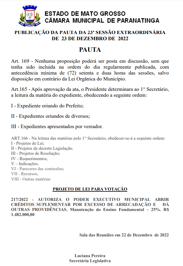 PUBLICAÇÃO DA 23ª SESSÃO EXTRAORDINÁRIA DE 23 DE DEZEMBRO DE 2022